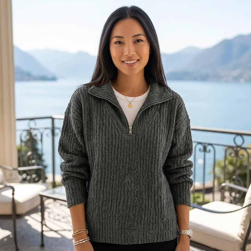 Women's quarter-zip knit sweater in dark gray, relaxed fit, front view