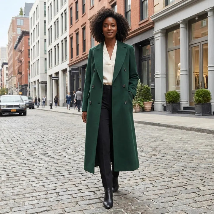 Dark green double-breasted long coat with lapel collar, street style front view