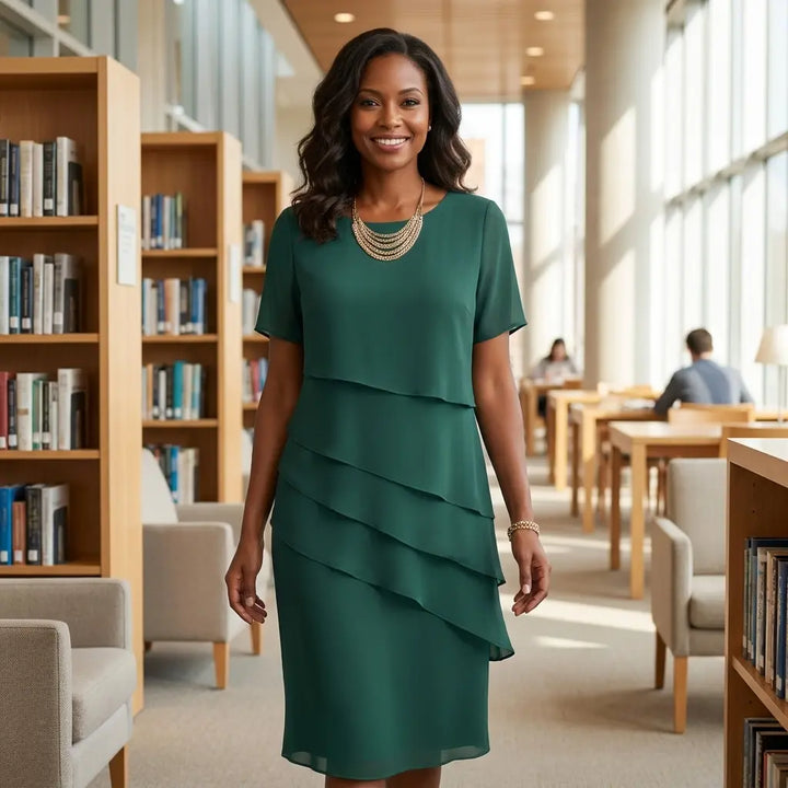 Emerald green tiered dress with diagonal layered front panels, short sleeves, front view