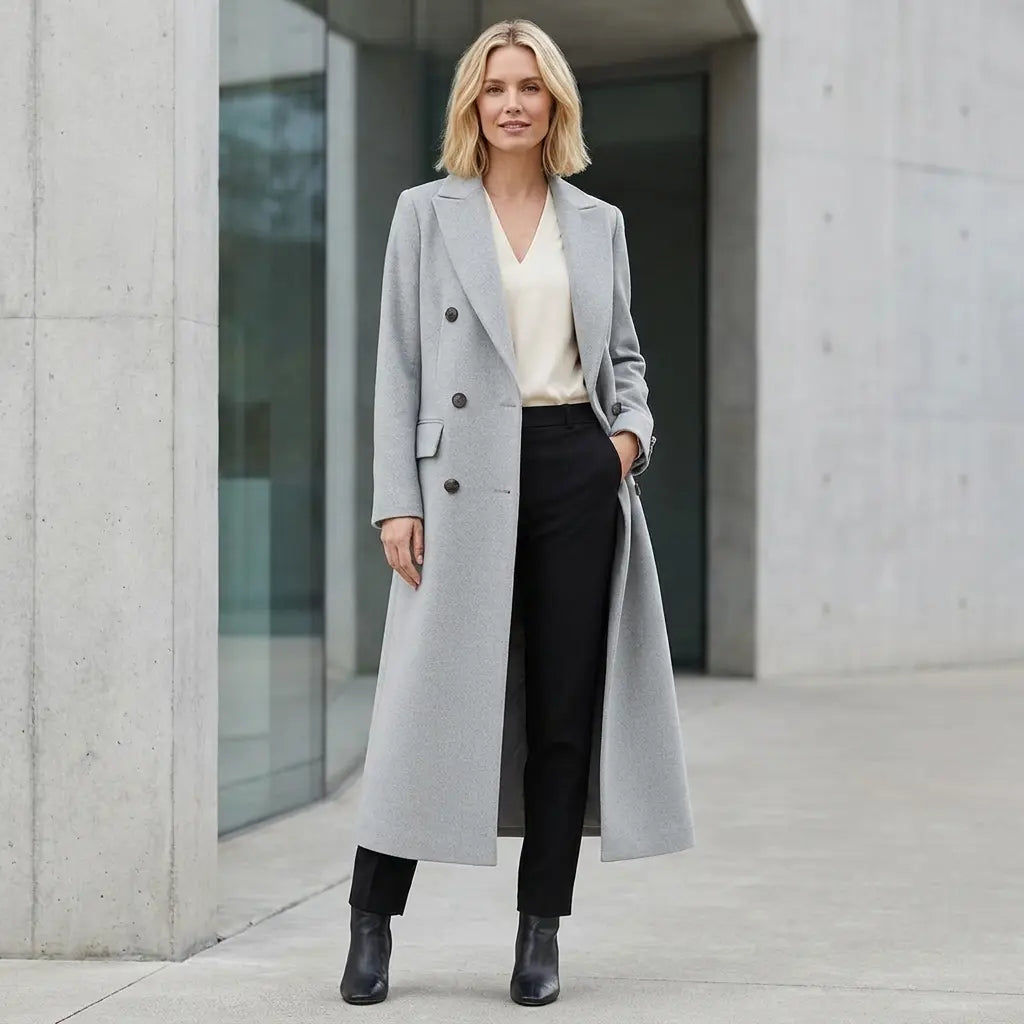 Light grey double-breasted long coat with flap pockets, front view on model
