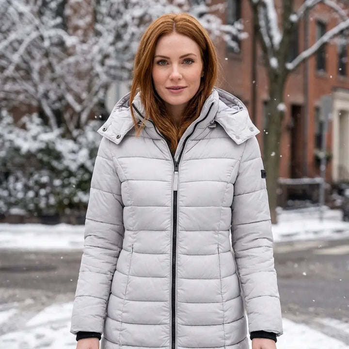 Women's mid-length gray puffer jacket with hood, slim fit, front view