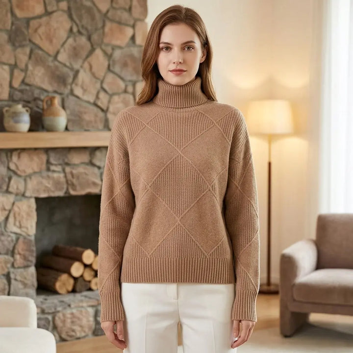 Women's diamond pattern turtleneck sweater – long sleeve knit pullover