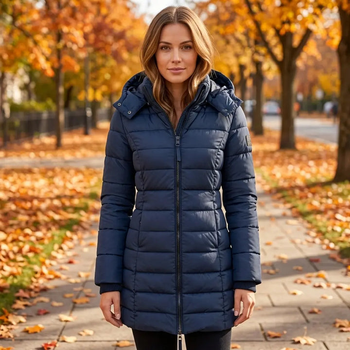 Women's mid-length navy puffer jacket with hood, slim fit, front view