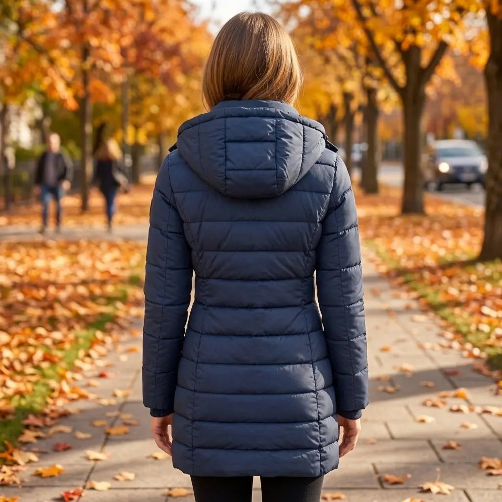 Women's mid-length navy puffer jacket with hood, slim fit, back view