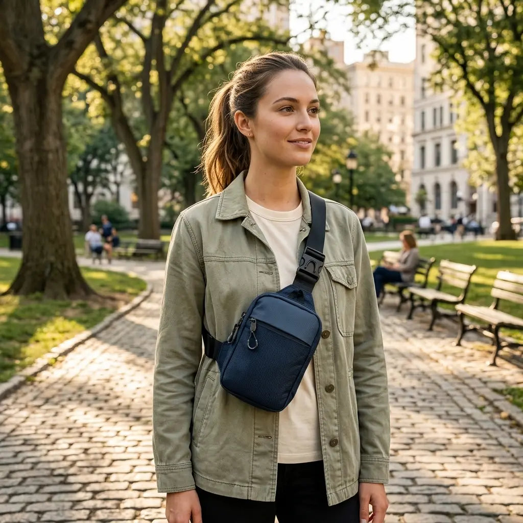 Woman wearing a navy blue crossbody sling bag over an olive jacket in a park, front view