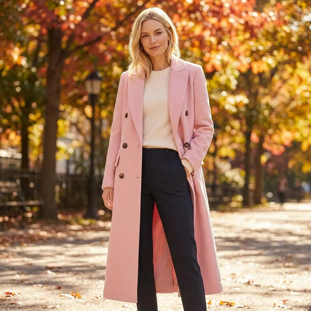 Light pink double-breasted long coat, autumn street style, front view