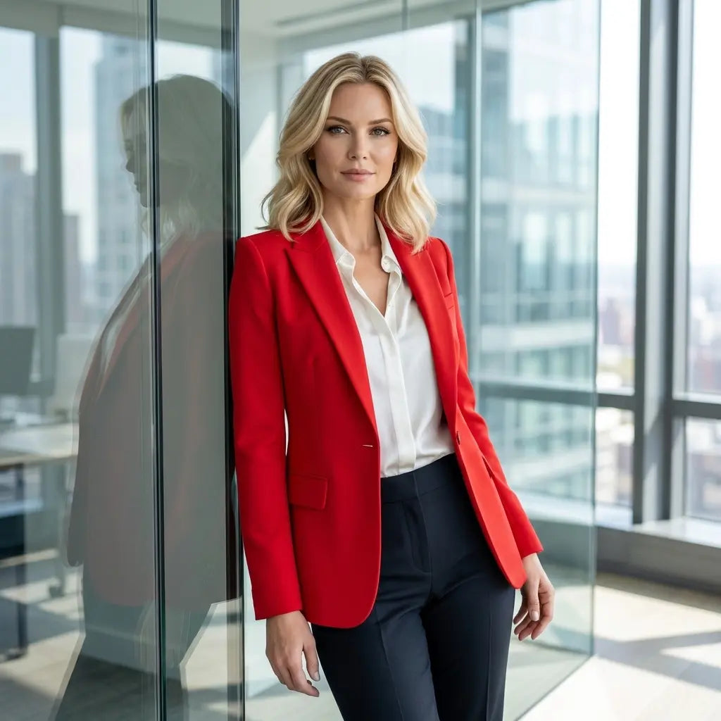 Red single-button blazer with notched lapel in office setting, front view