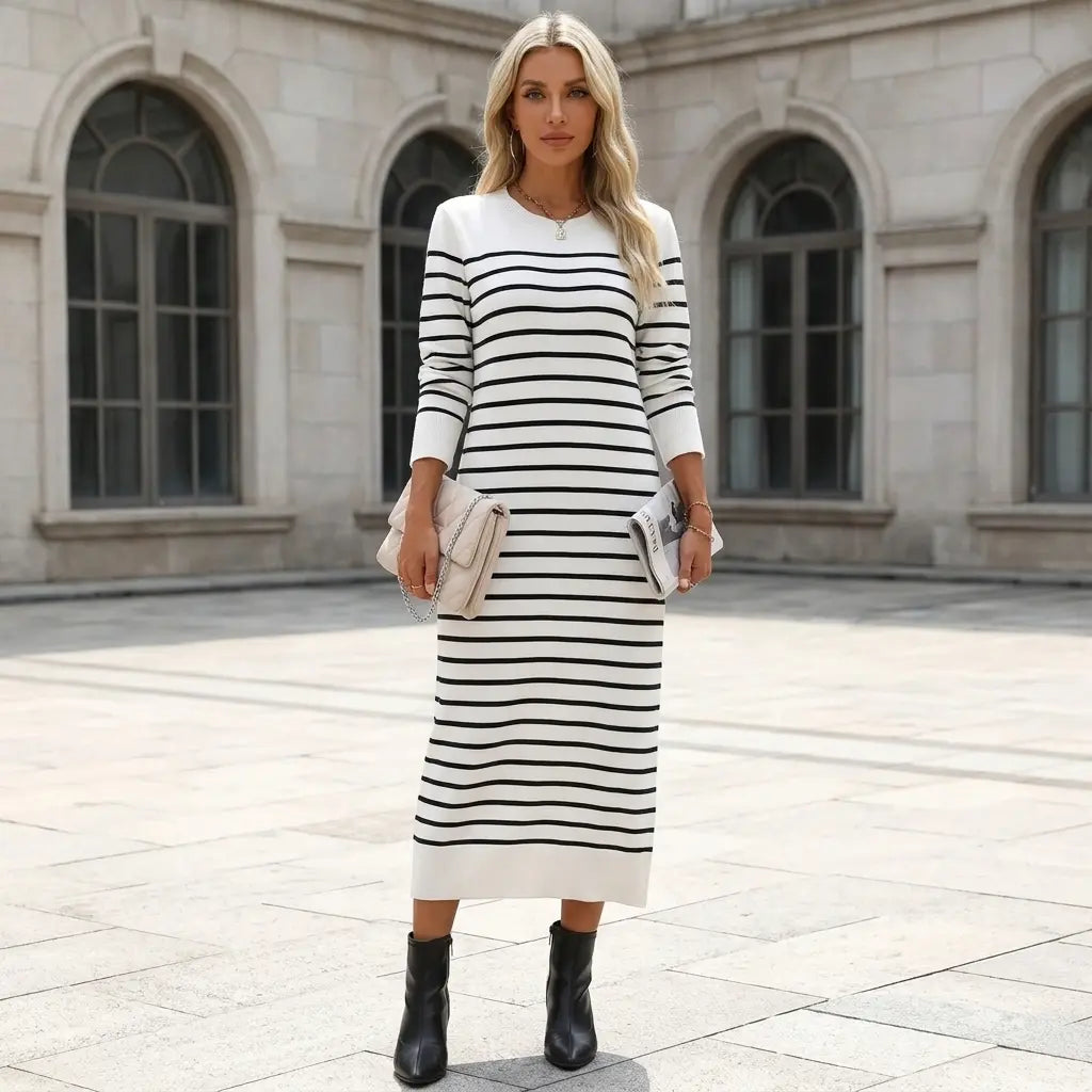 Striped knit midi dress, white and black, crew neck, long sleeve, front view