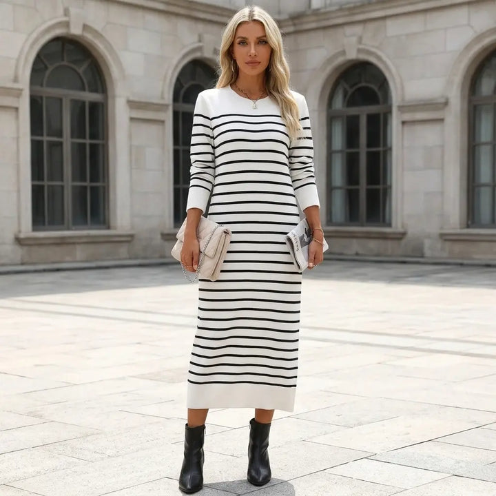 Striped knit midi dress, white and black, crew neck, long sleeve, front view