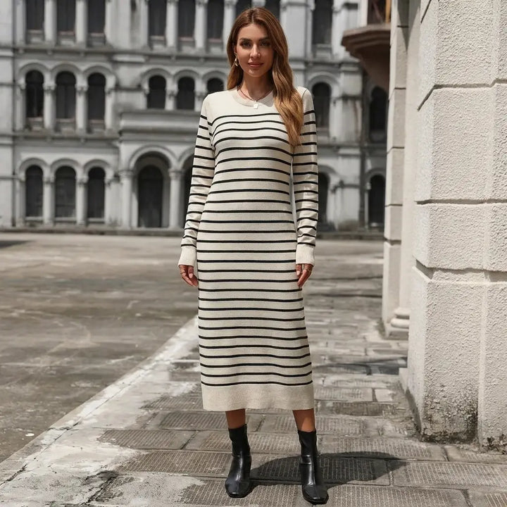 Striped knit midi dress, cream and black, crew neck, long sleeve, front view