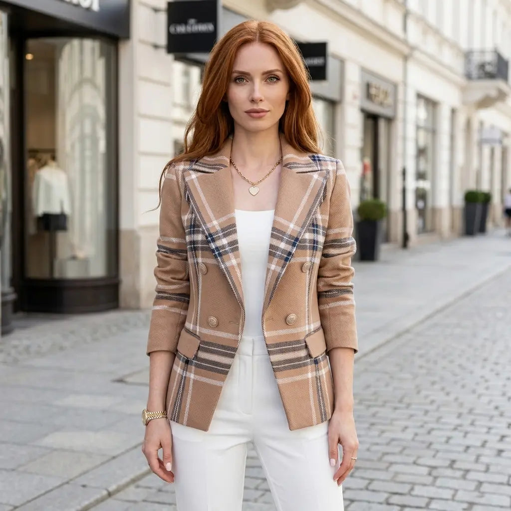 Women's camel plaid double-breasted blazer with gold buttons, front view on street