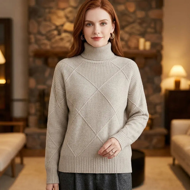 Women's gray diamond pattern turtleneck sweater – long sleeve pullover