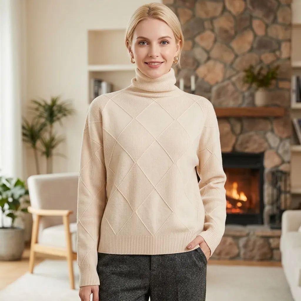 Women's cream long sleeve turtleneck sweater with diamond knit pattern