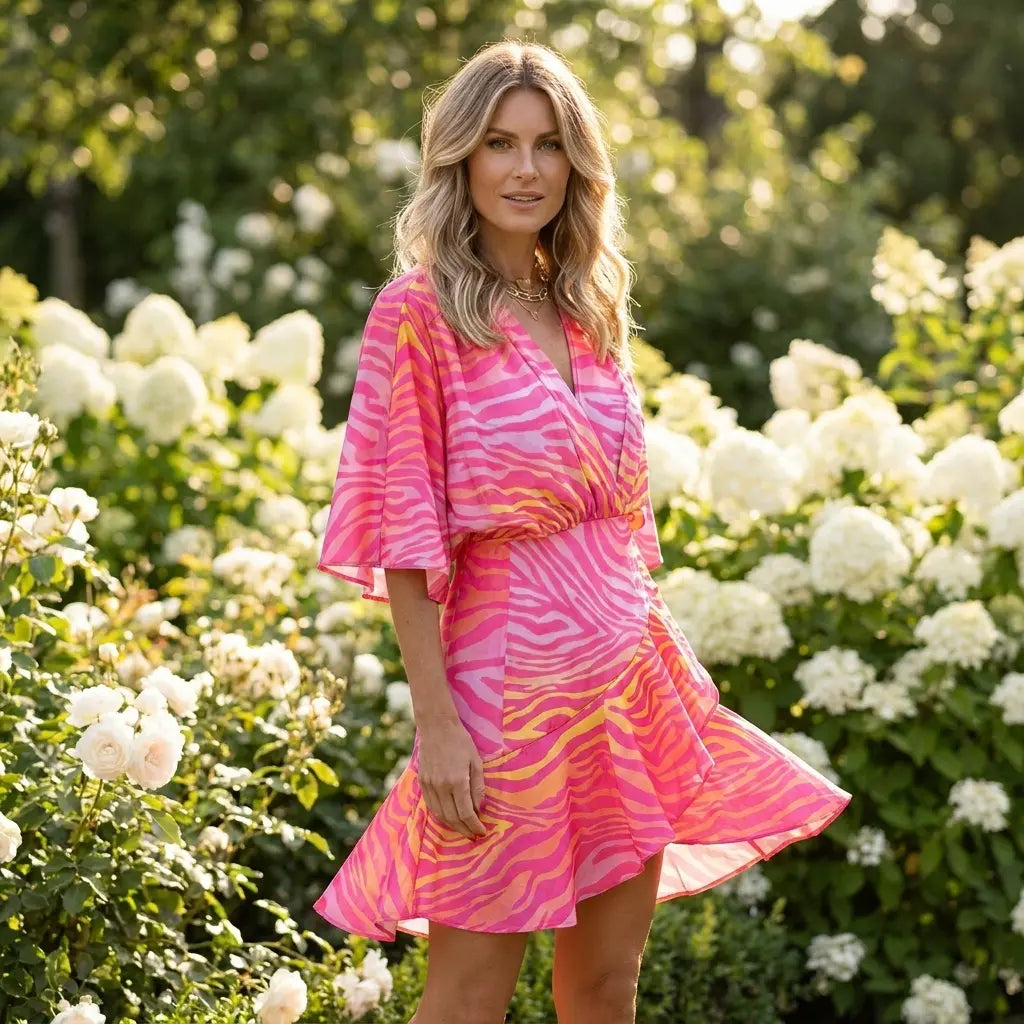 Batwing sleeve mini wrap dress in hot pink zebra print, front view in garden
