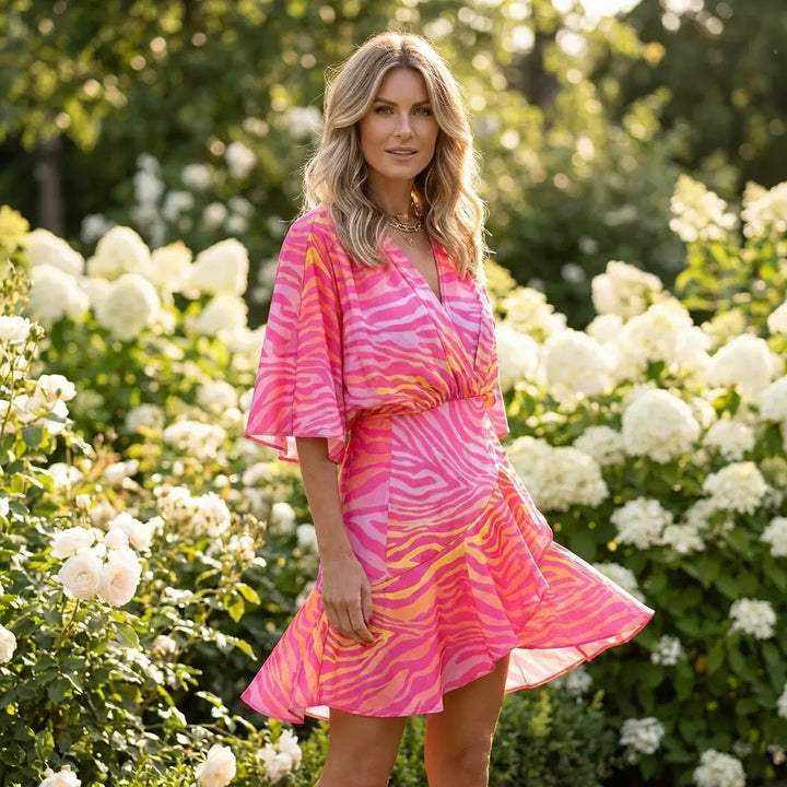 Batwing sleeve mini wrap dress in hot pink zebra print, front view in garden