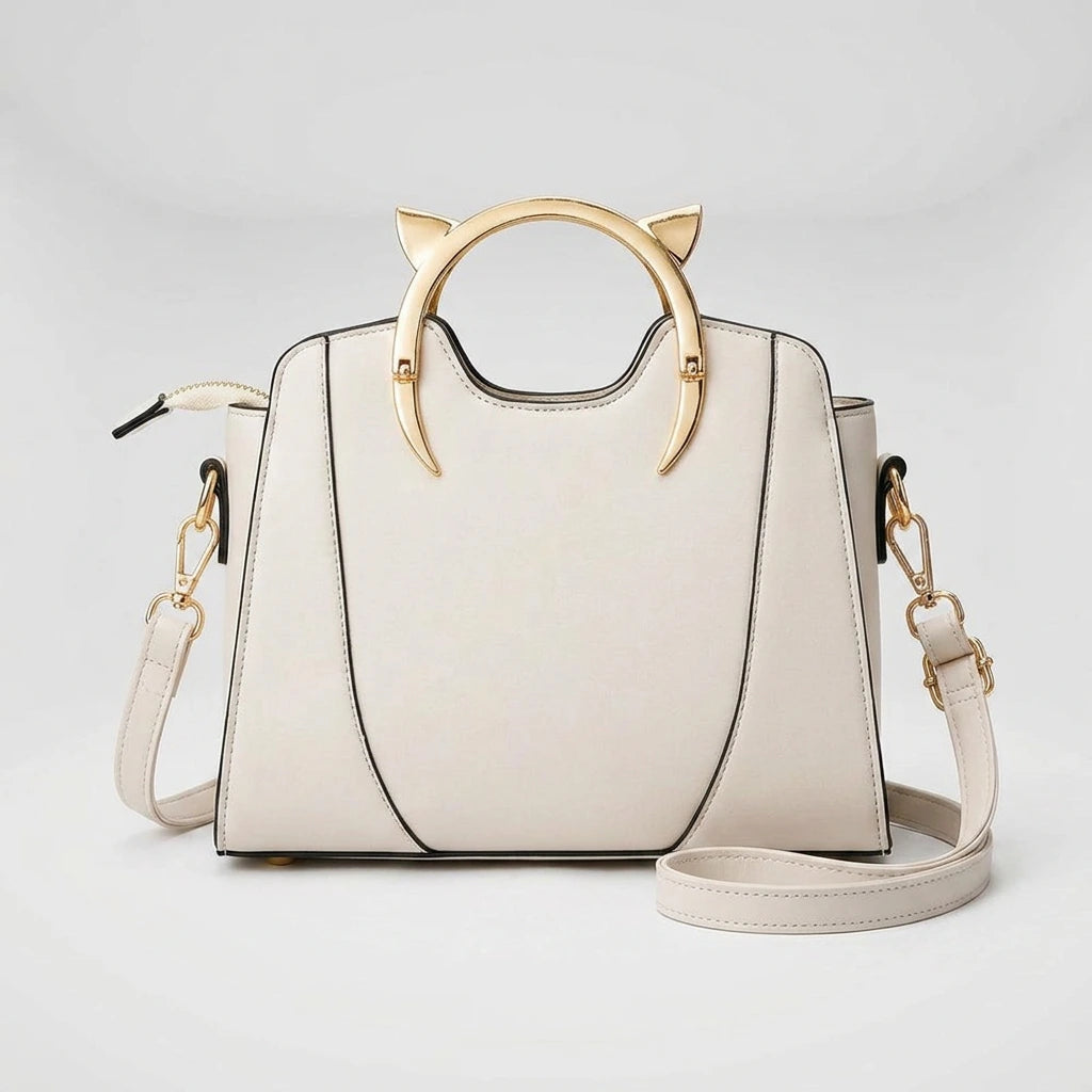 Black PU structured handbag back view — clean arch silhouette with zipper closure