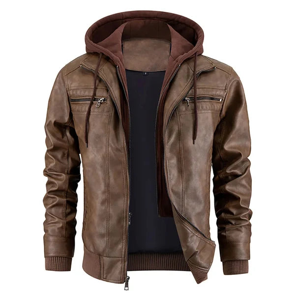 Men's Leather Bomber Jacket with Hood