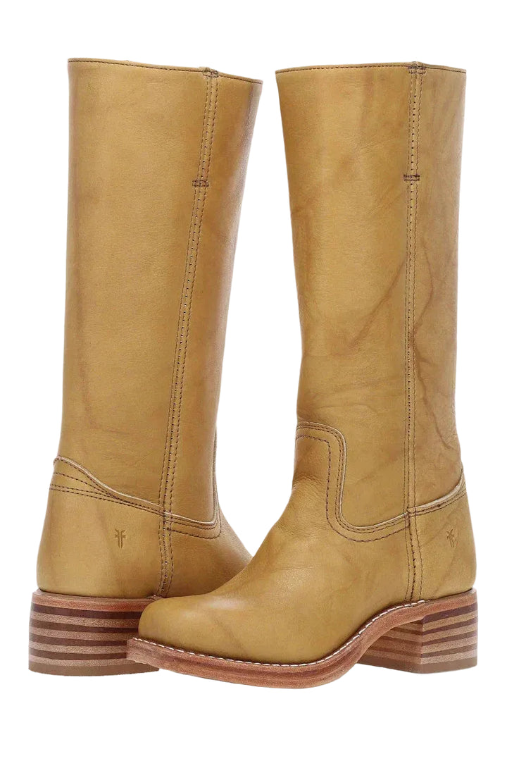 Mid-calf Western boots with block heel and stitch detail, tan, angled view