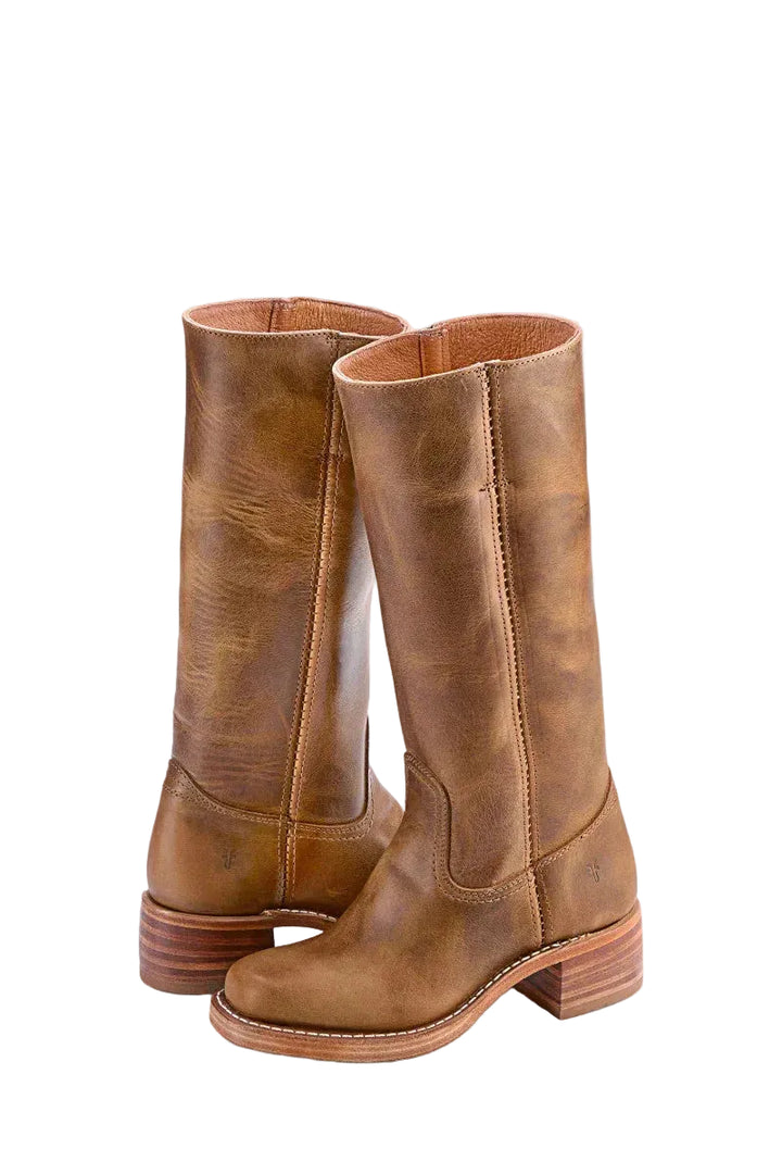 Mid-calf Western boots with block heel and stitch detail, brown, front view