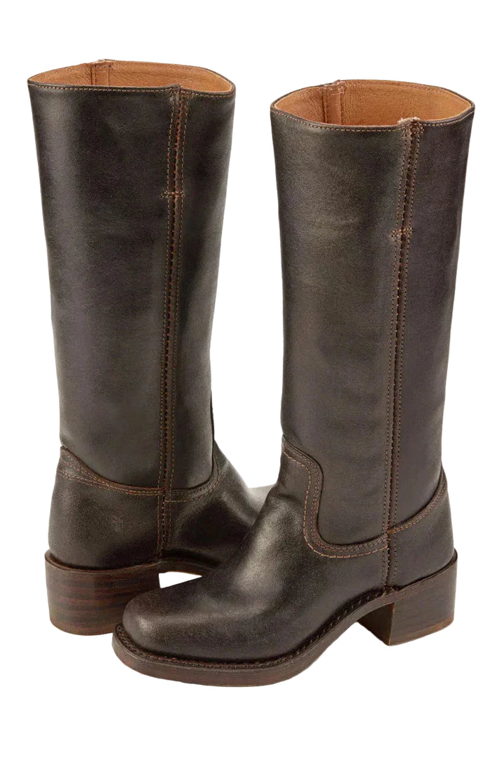 Mid-calf Western boots with stitch detail, brown, back view