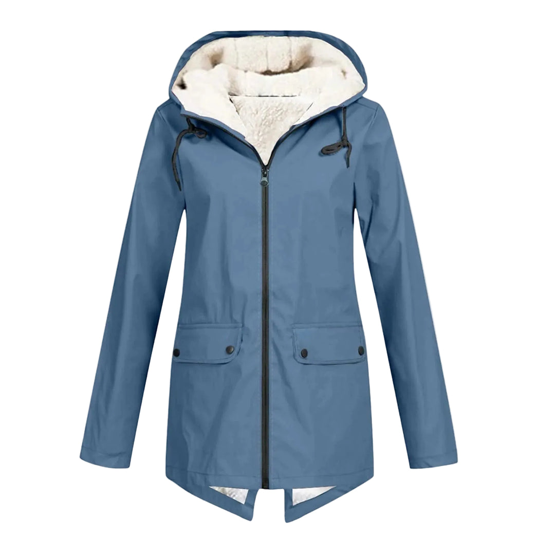 Women's waterproof windbreaker jacket with drawstring hood, front view