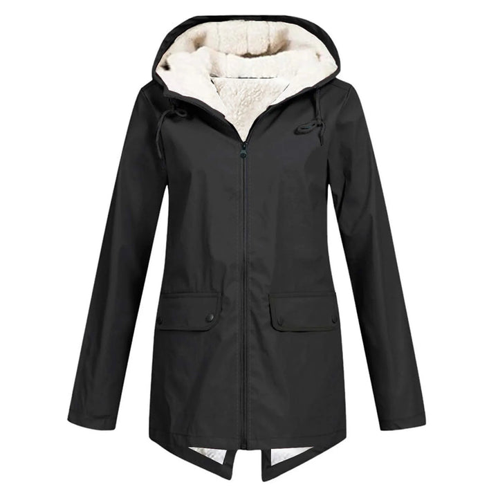Women's hooded windbreaker jacket, side view showing pockets