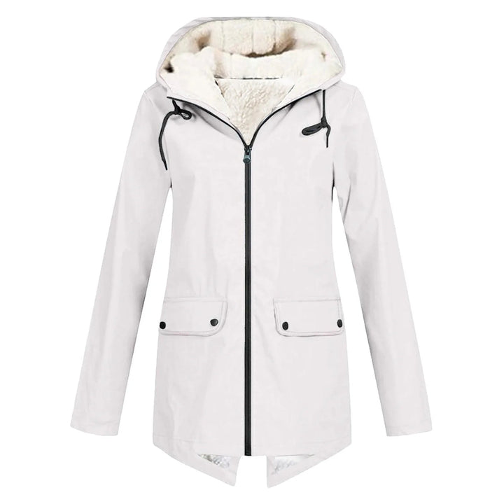 Close-up of windbreaker jacket hood and full-zip storm flap detail