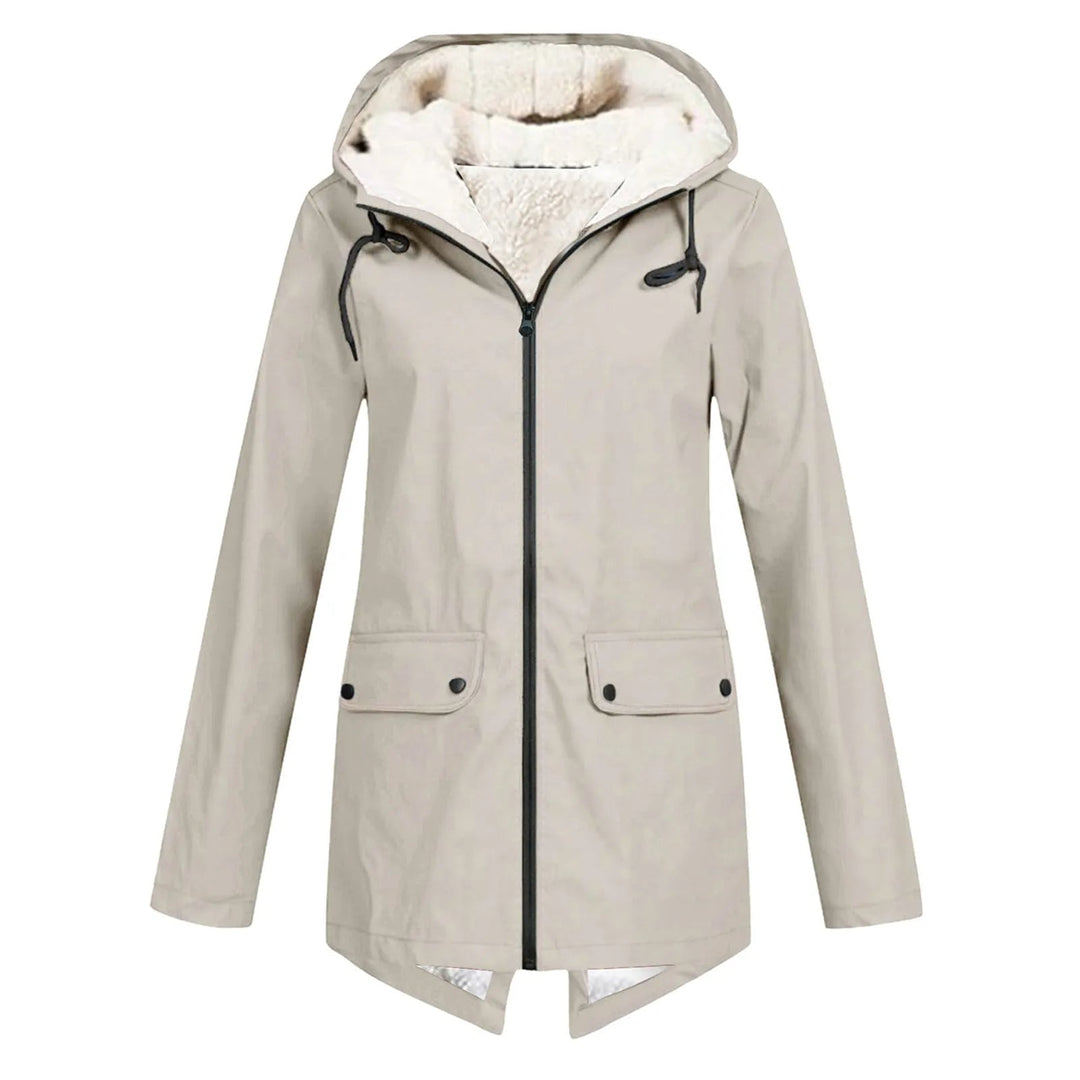 Flap pocket and button closure detail on waterproof windbreaker jacket