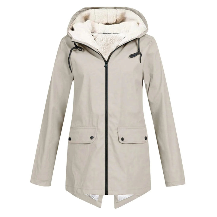 Flap pocket and button closure detail on waterproof windbreaker jacket