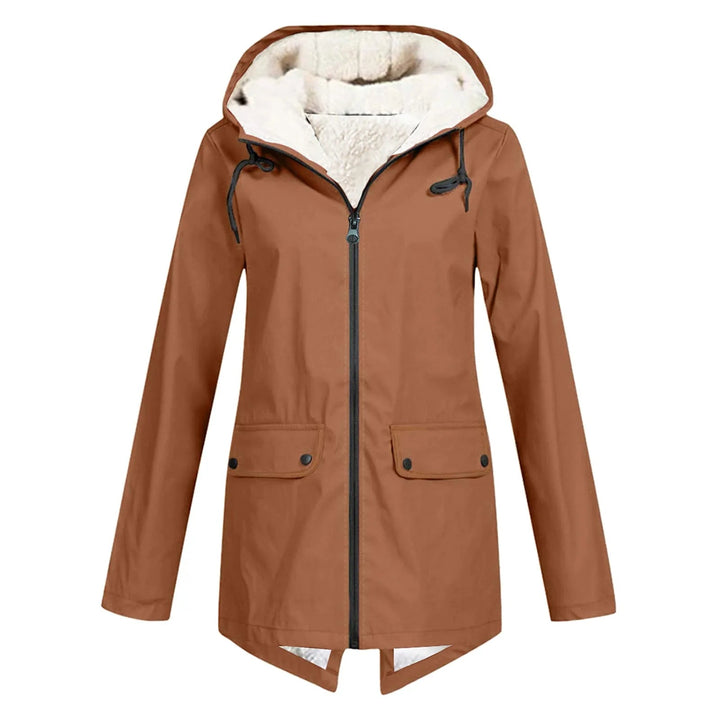 Waterproof windbreaker jacket with hood laid flat, showing full design