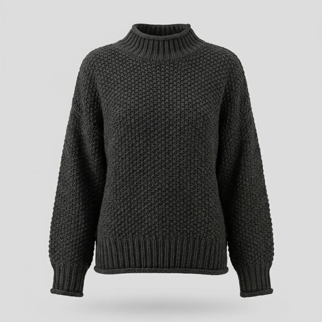 Chunky knit mock neck sweater — hip-length, relaxed fit, green