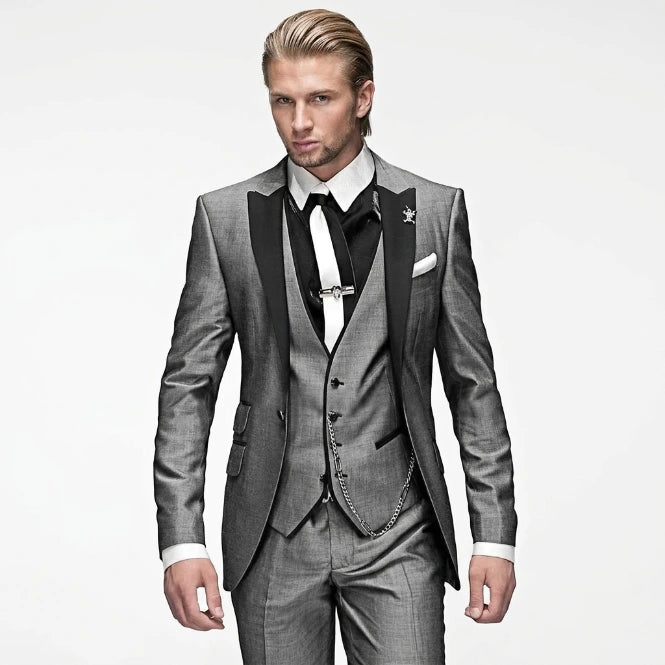Men's 3-piece suit, slim fit, light gray with black satin lapels and vest chain detail