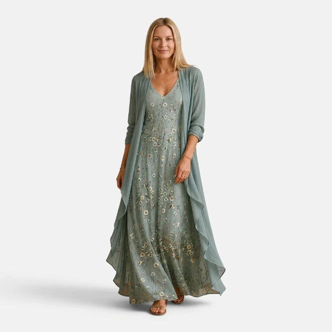 Floral embroidered maxi dress with open-front chiffon jacket, sage blue, front view