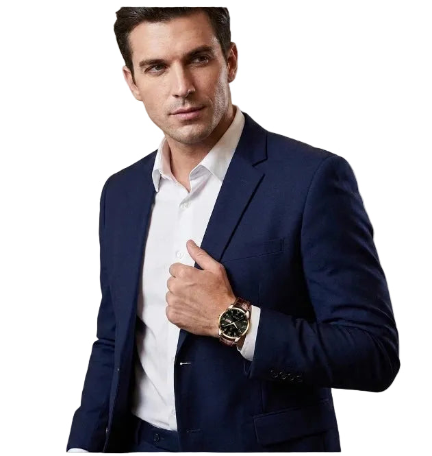 Men's dress watch worn on wrist in business suit setting