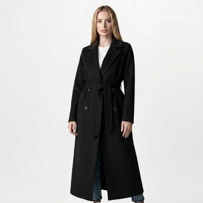 Women's long double-breasted belted coat in black with lapel collar, front view