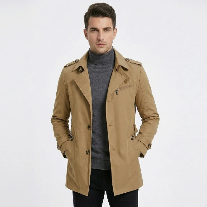 Men's double-breasted trench coat, chest zip pocket, adjustable cuffs