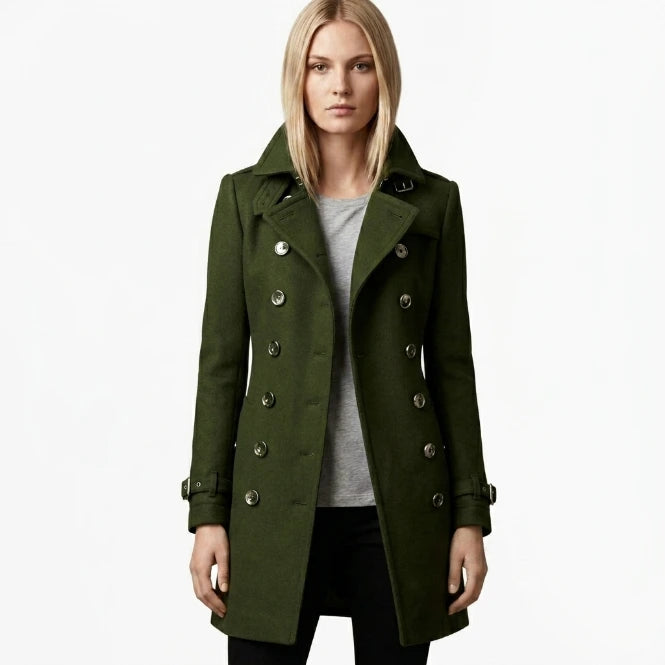 Women's double-breasted mid-length coat slim fit front view