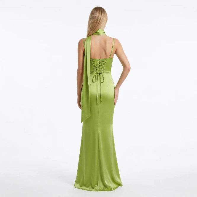 Satin maxi dress wedding guest look – slim-fit ruched waist silhouette, angled view