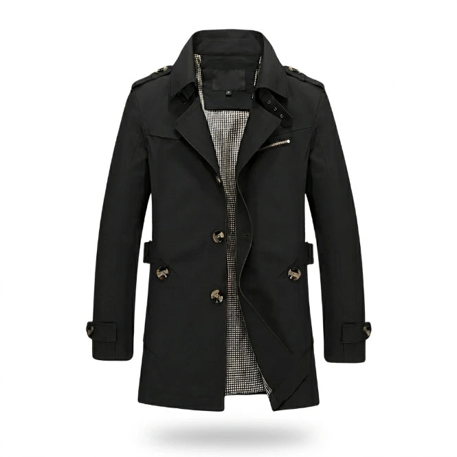 Men's trench coat, side view, relaxed structured silhouette, mid-length