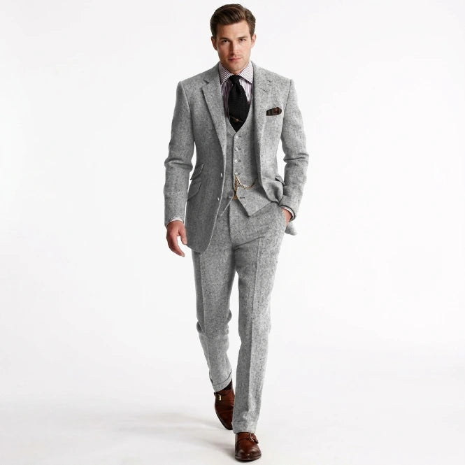 Men's tweed suit slim-cut trousers and waistcoat, side view