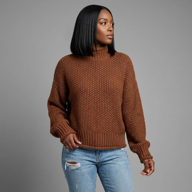Women's chunky cable knit sweater — mock neck, black, oversized