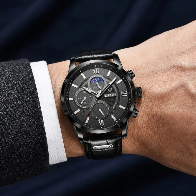 Men's waterproof chronograph watch in black colorway, front view