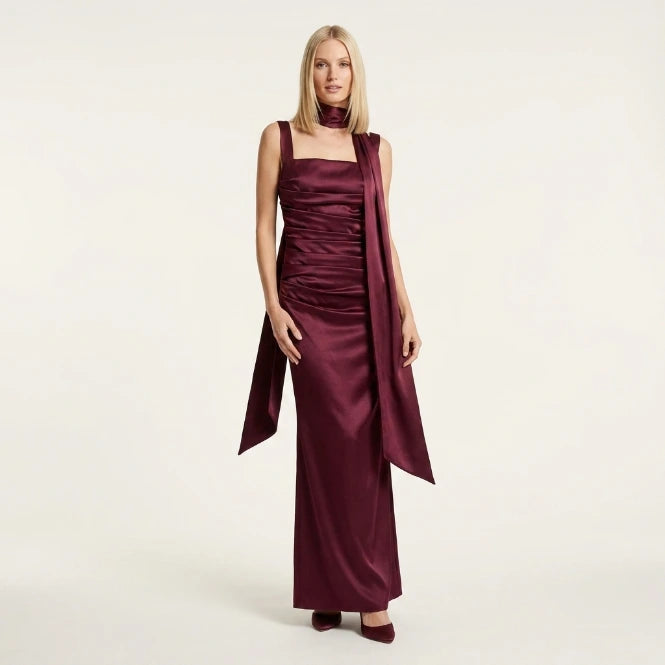 Women's satin maxi dress – slim square-neck design for weddings and formal occasions