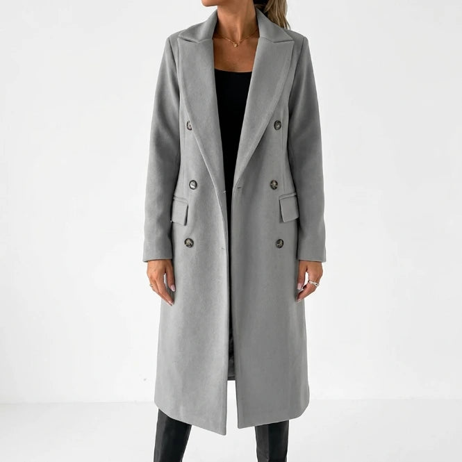 Women's lapel collar trench coat, pink, double-button placket, front view