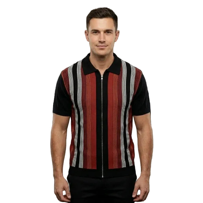 Men's striped knit polo in black and dark red with zipper, front view