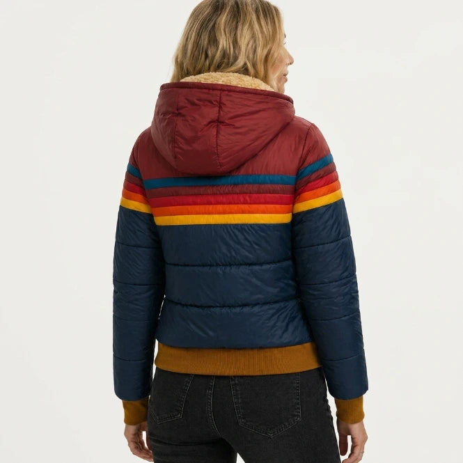 Retro zip-up puffer jacket with ribbed cuffs and side pockets, front detail