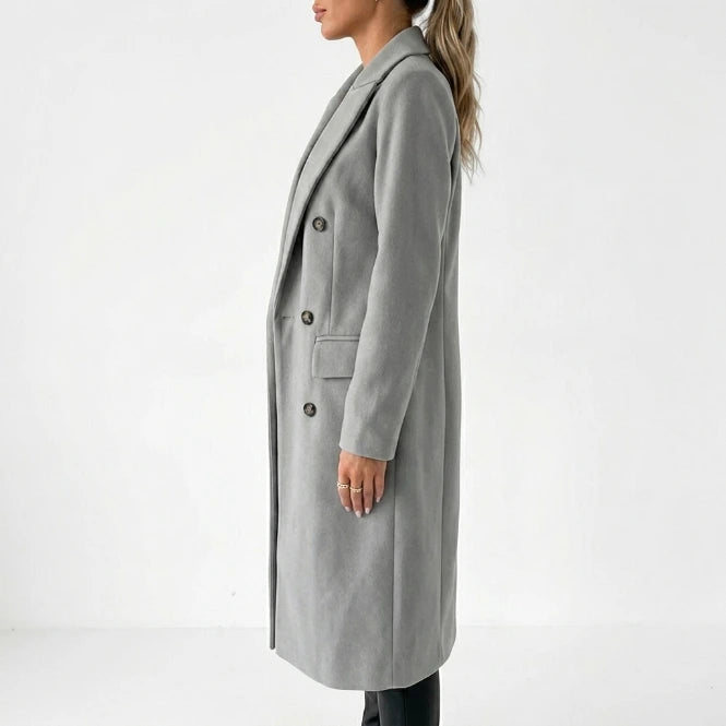 Women's double-breasted winter coat, black, midi-maxi length, front view