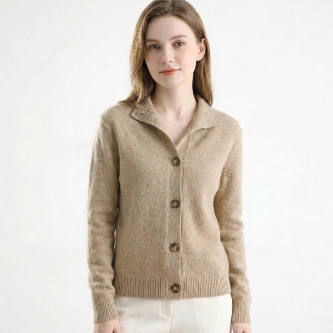 Women's button-front cardigan with spread collar and ribbed details, front view