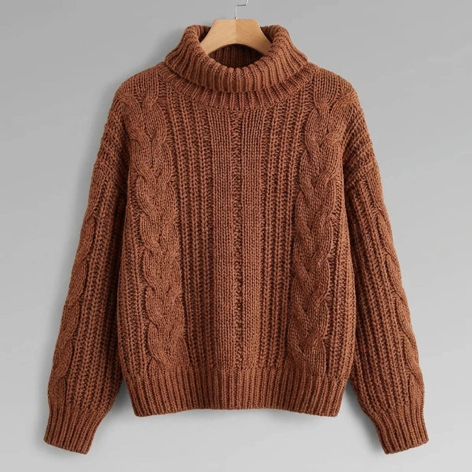 Chunky knit sweater women's — cozy basket-weave texture, brown