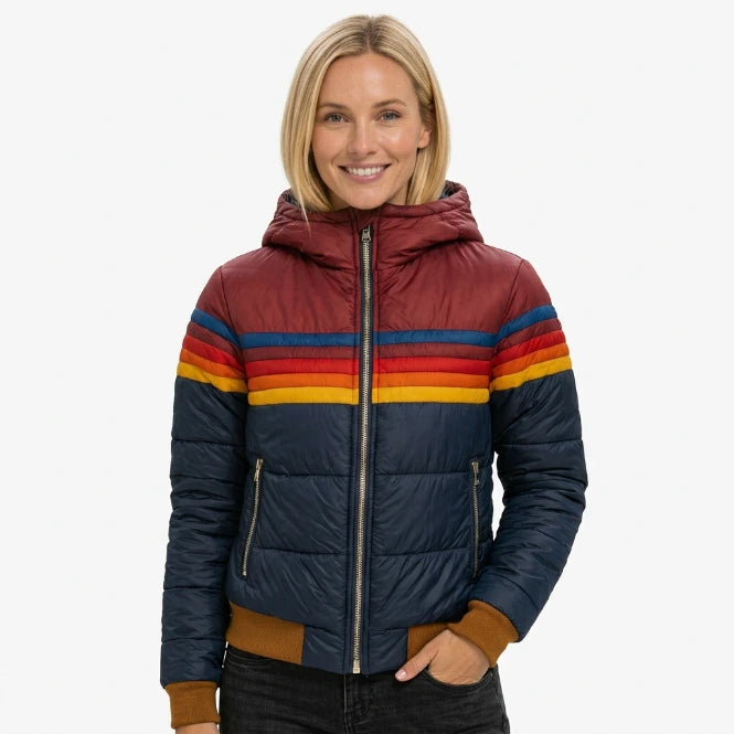 Women's retro quilted puffer jacket with rainbow colorblock stripes, front view